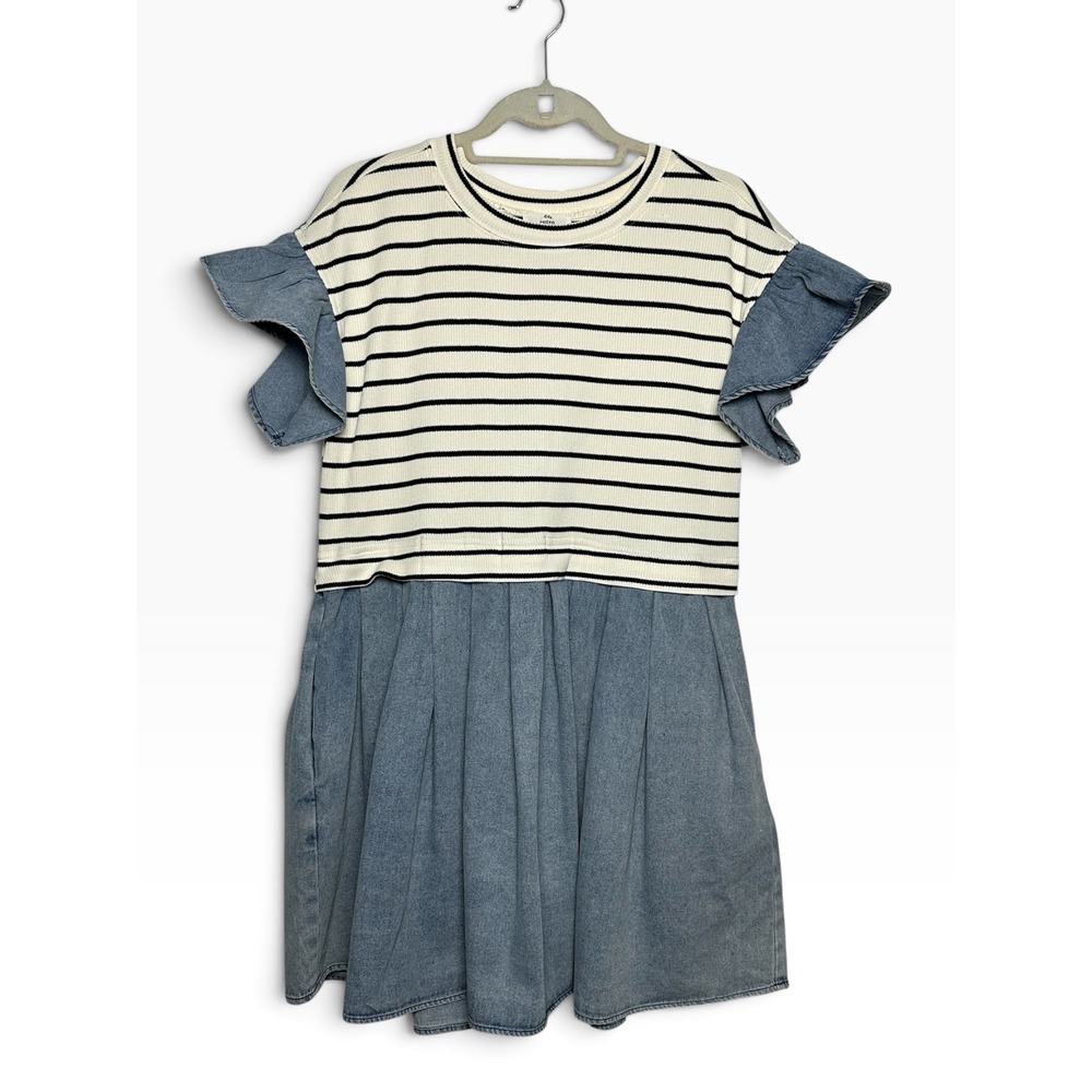 Entro Womens Striped Mixed Media Denim Mini Dress Ruffle Sleeve Blue Cream Small - Picture 2 of 7